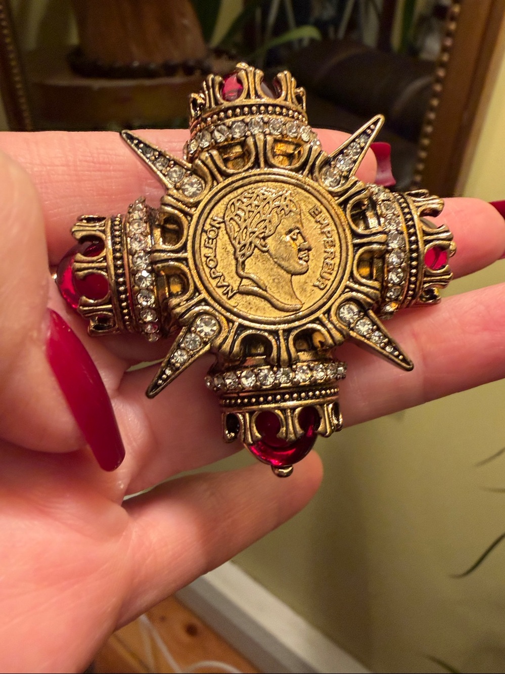 Vtg Monet Signed Figural Maltese Cross Brooch/Pendant Red Cabochons